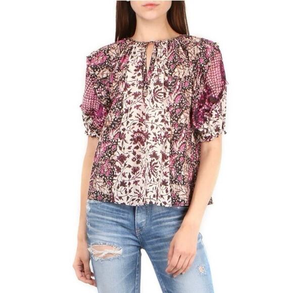 Ulla Johnson top Small Arusi Poplin Top Pink Print Cotton Silk Puff Floral - Picture 2 of 13